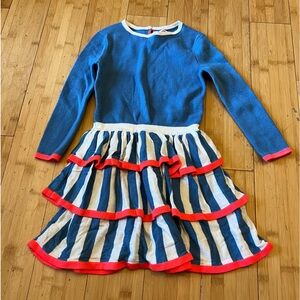 Mini Boden Blue and White Striped Knit Dress with Pink Trim